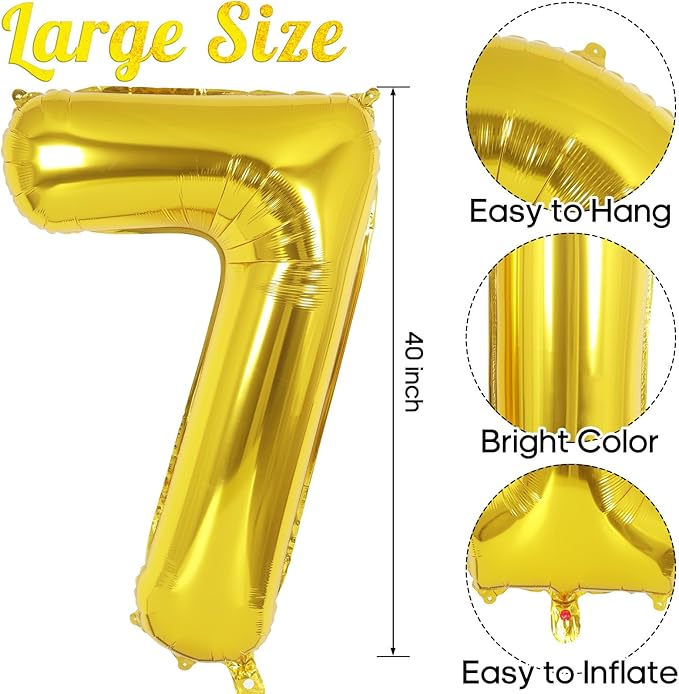 Gold Number 7 Balloon 40 Inch, Big Large Foil Helium Number Balloons, Giant Mylar Number 7 Balloons for 7 Year Old Birthday Party Decorations Supplies Anniversary