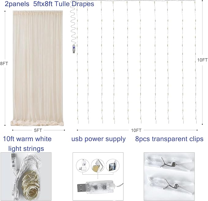 Ivory Tulle Backdrop Curtain with Lights Strings, Elegant Sheer Photo Backdrop Drapes 2 Panels, Soft Fabric Curtain for Weddings Brithday Baby Shower Parties Photography Background Decor,10ftx8ft