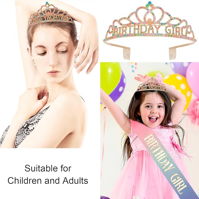 Chanaco Birthday Crown and Sash Set for Women, Gold, Hairband with 'Birthday Girl' Sash Rhinestone Tiara and Hair Accessories for Party Favors, Ideal Gift for Adults