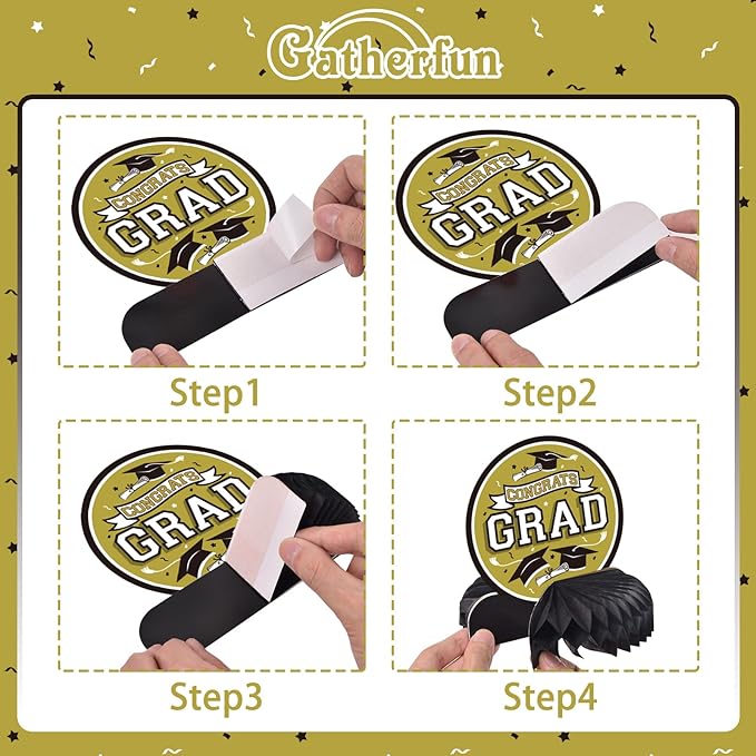 9PCS Graduation Party Decorations Class of 2026 Congrats Grad Table Centerpiece Congratulate Graduation Honeycomb Table Toppers for Graduation Party Supplies(Gold,Black）