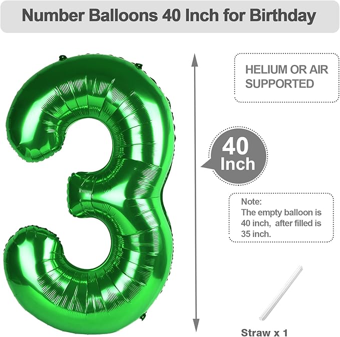 3 Balloon Number, 40 Inch Happy 3rd Birthday Decoration, Dark Green Number 3 Ballon for 3, 13, 23, 37 Celebration, Men and Women Birthday, Wedding, Anniversary Decor