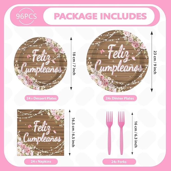 96Pcs Pink Feliz Cumpleaños Party Decorations Pink Wooden Floral Plates and Napkins Mexican Fiesta Birthday Tableware Set for Girls Women Mother's Day Mexico Spanish Birthday Party Supplies, Serves 24