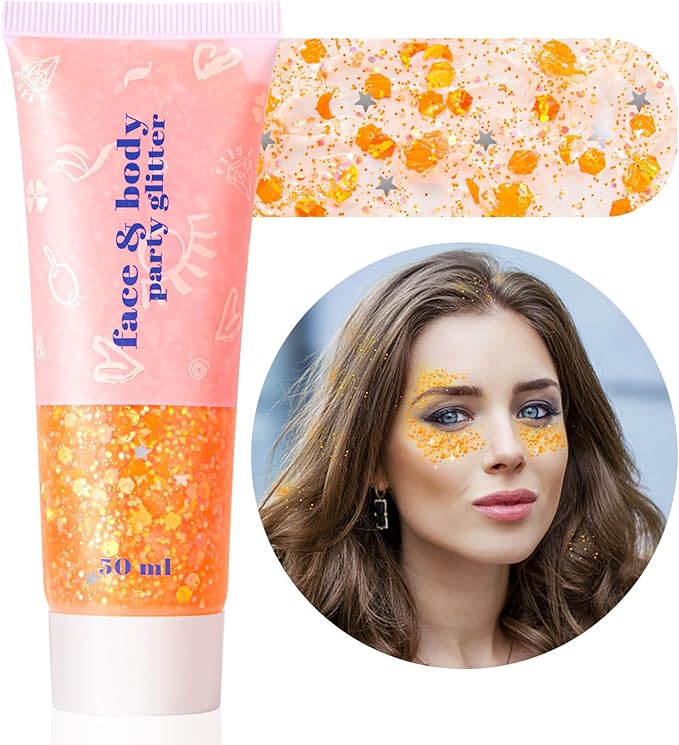 MEICOLY Orange Face Body Glitter,Sparkling Hair Face Glitter Gel,Mermaid Sequins Face Paint Glitter Autumn Makeup,Halloween Festival Rave Accessories Makeup,Party Body Glitter Gel for Women Kids