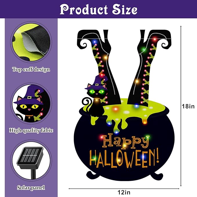 Halloween LED Lighted Garden Flag for Outside, 12x18 in Solar Double Sided Witch Feet Shape Yard Flag, Halloween Decorations for Patio Lawn, Home Porch