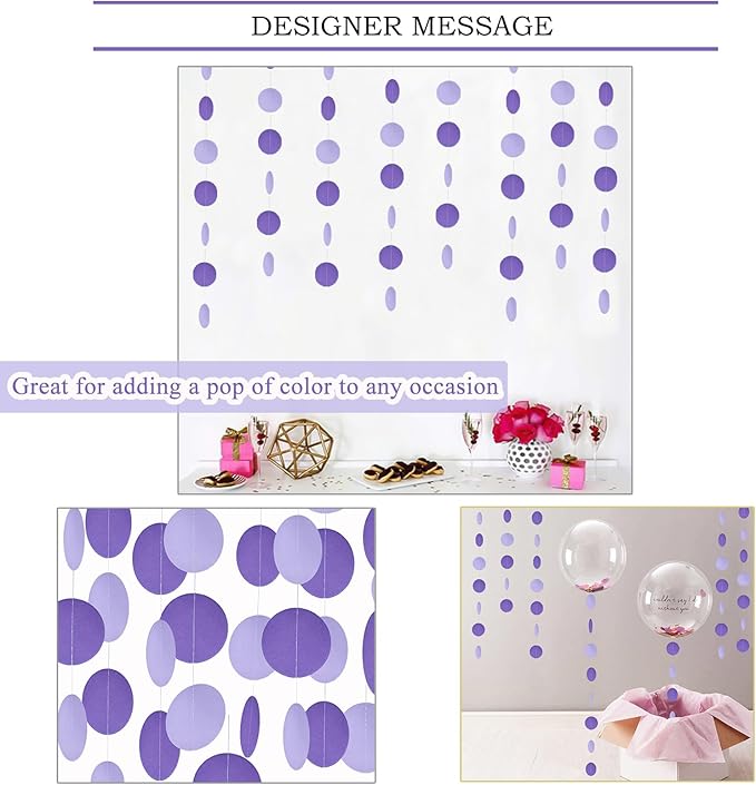 MerryNine Paper Garland 5 Pack, 50ft Glitter Paper Garland Circle Dots Hanging Decor, Banner for Baby Shower, Birthday, Nursery Party Decor (Purple)