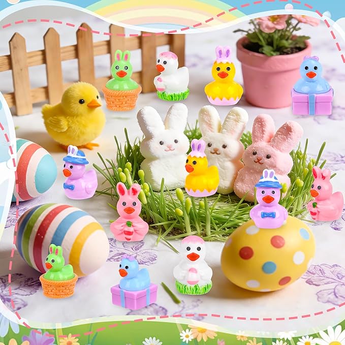 120 Pcs Easter Mini Ducks 6 Styles Miniature Resin Duck Figures to Hide Bulk Bunny Ear Egg Carrot Basket Eggshell Ducks for Easter Party Favors Home Tabletop Fairy Garden Landscape Potted Decor