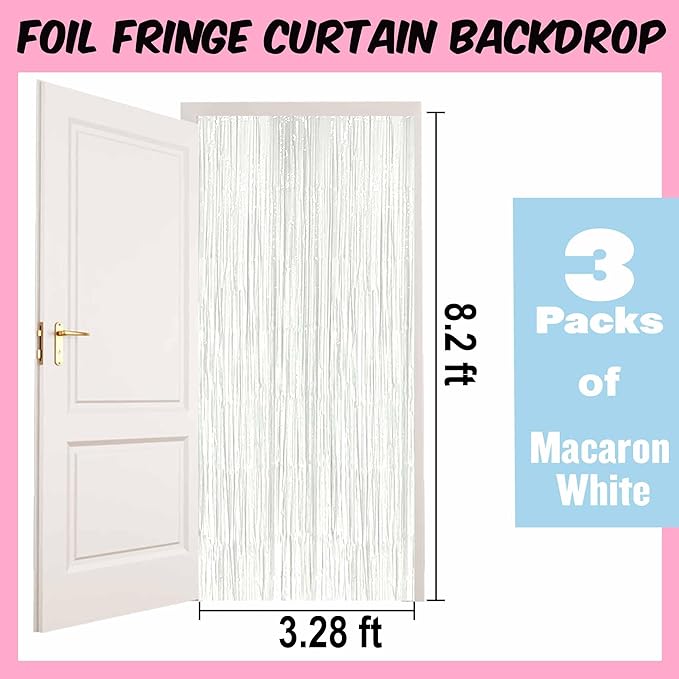 3 Pack Macaron White Foil Fringe Curtains Backdrop, 3.28 x 8.2 Ft Metallic Streamers Tinsel Curtains Background for Photo Booth, Birthday, Halloween, Christmas, New Year Party Decorations