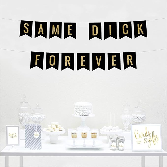 Andaz Press Faux Gold Glitter on Black Bridal Shower Bachelorette Party Banner Decorations, Same Dick Forever, Approx 5-Feet, 1-Set, Colored Hanging Pennant Decor