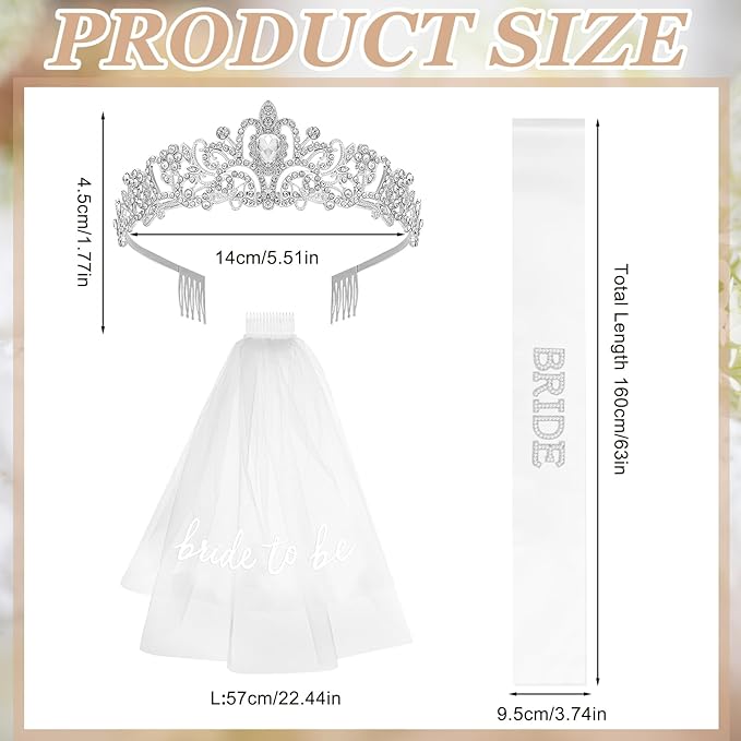 JATEBI 4Pcs Gifts for Bride To Be - Bride Sunglasses Sash&Veil Crown, Bridal Shower Gifts Bachelorette Party Decorations