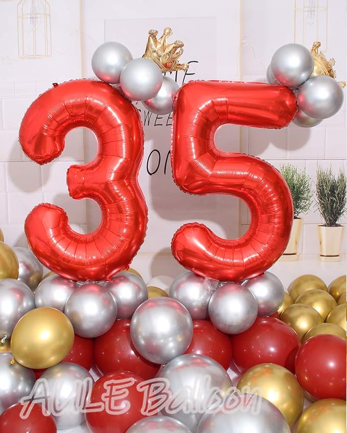 AULE 40 Inch Big Red Foil 35 Number Balloons for Women Large 35th Happy Birthday Decorations Giant Huge Helium Mylar 53 Anniversary Party Decor