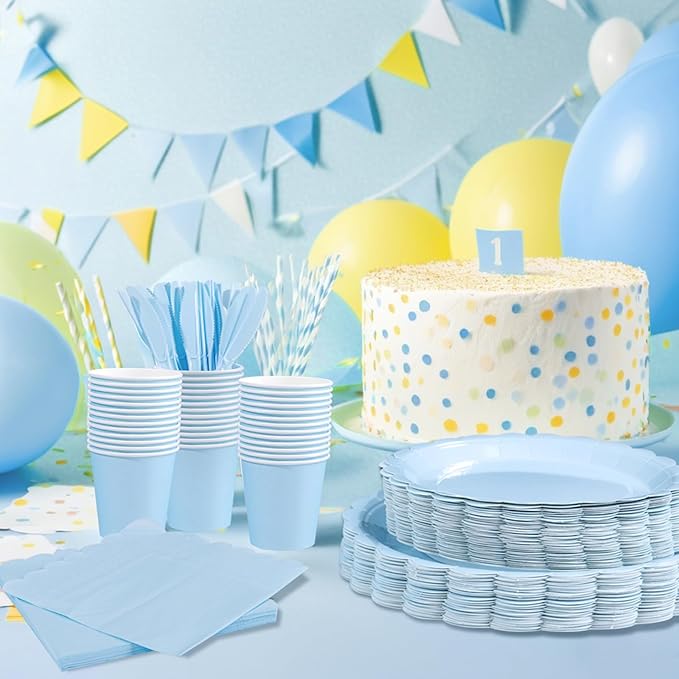 LIYH 350 Pcs Light Blue Paper Plates and Napkins 50 Guest Blue Party Supplies Include Scalloped Easter Paper Plates Cocktail Napkins Cups Spoons Forks Knives for Baby Shower,Birthday