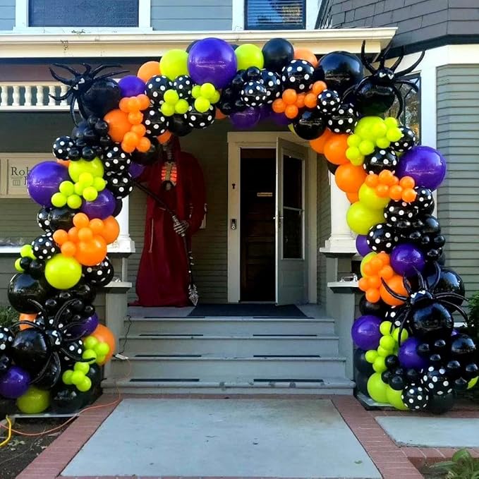 Halloween Balloon Arch Garland Kit, Purple and Black Balloons with 3D Bat Stickers, Big DIY Spider Balloon, Ghost Skull Foil Balloons Green Orange Balloon for Halloween Party Decorations Supplies