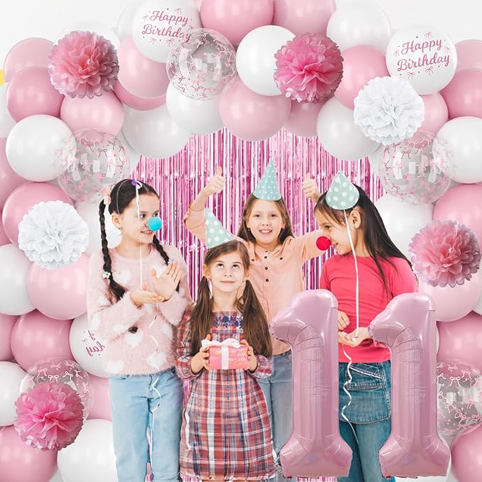 11th Birthday Decorations for Girls Pink Number 11 Balloon Bow Coquette Happy Birthday Banner Fringe Curtain Paper Pom Poms Star Heart Foil Pink White Balloons 11 Year Old Party Decor
