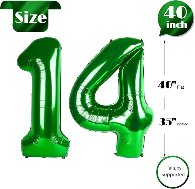 Dark Green Number 14 Balloon 40 Inch, 14th Birthday Party Decorations for Children, Giant 14 Foil Balloon for Party Supplies