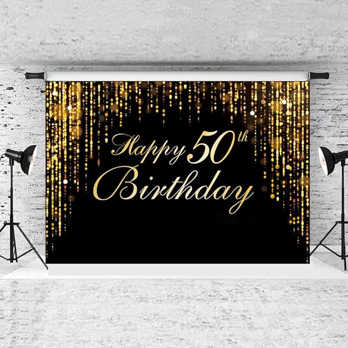 Happy 50th Birthday Photo Background, Black Gold Background Screen Suitable for Birthday Party Decoration Black Gold Flashing Photography Background Photography Booth Photographys