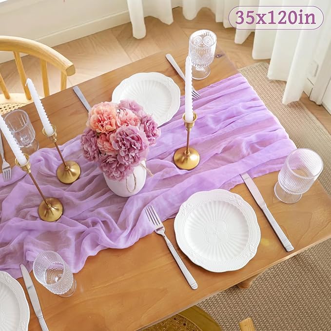 Lilac Table Runner, 10FT Rustic Gauze Lavender Table Runner 35*120inch Boho Table Runners for Wedding Bridal Shower Baby Shower Table Centerpiece Decorations