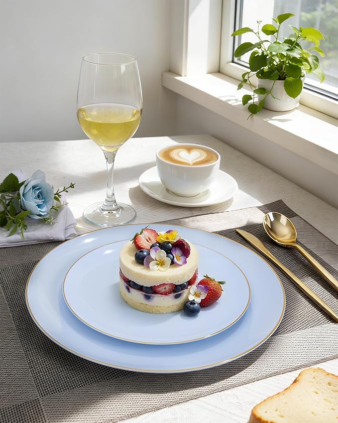bUCLA 150PCS Blue Plastic Plates - Light Blue and Gold Disposable Include 25 Each (Dinner & Dessert) Plates, 25 Knives, 25 Forks, 25 Spoons and 25 Cups, Ideal for Party, Easter, Birthday & Wedding