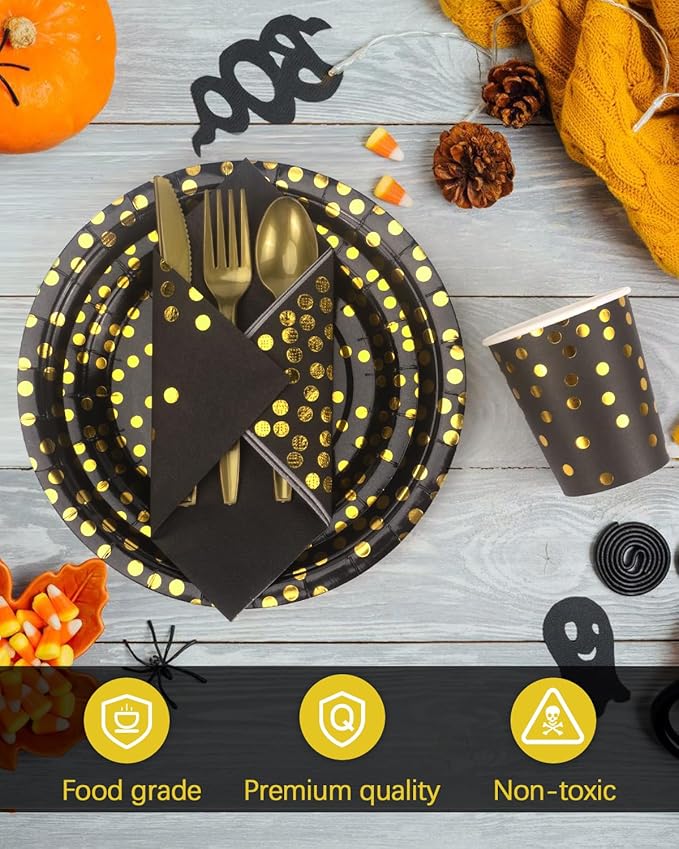 Lzerking 364 PCS Black and Gold Party Supplies, 52 Sets of Disposable Dinnerware Includes Paper Plates Cups Napkins, Plastic Knives Forks Spoons, Ideal for Birthday Graduation Wedding Festivals