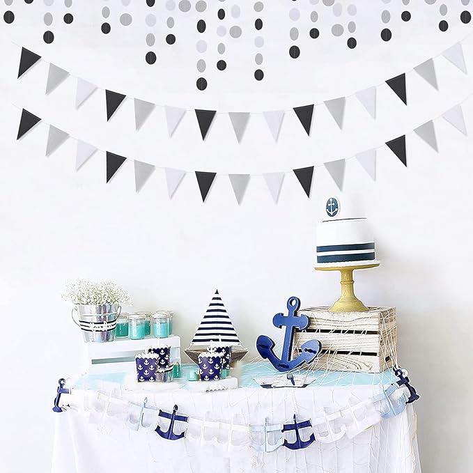 Black White Silver Pennant Banner,2 Pack Glitter Sprinkles Paper Triangle Flags, Birthday Graduation 2025 Fathers Day Wedding Baby Shower Party Decorations Bunting Lasting Surprise
