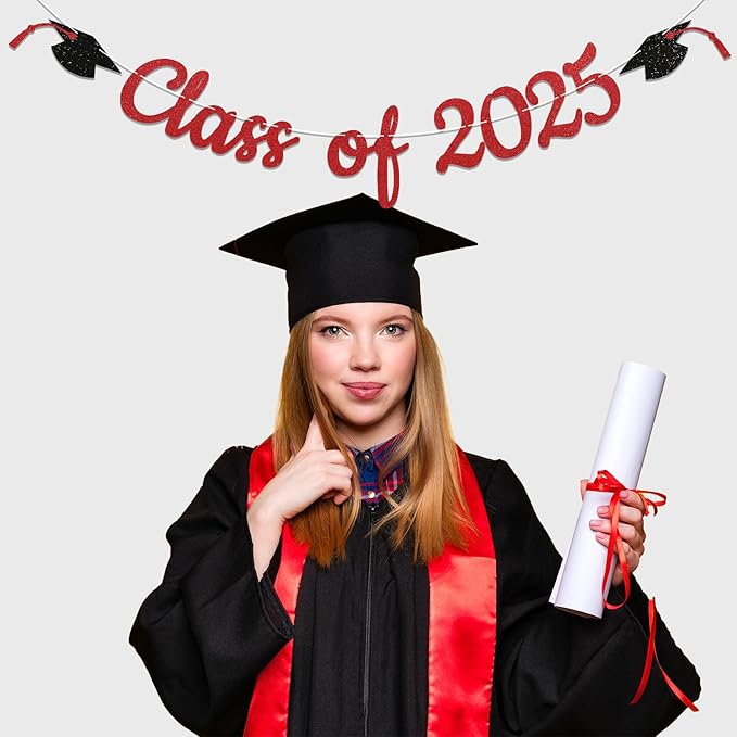 Pre-Strung Class of 2025 Banner, Graduation Party Decorations, Congratulations Grad Party Banner, High School College Graduation Classroom Celebrations (Red)