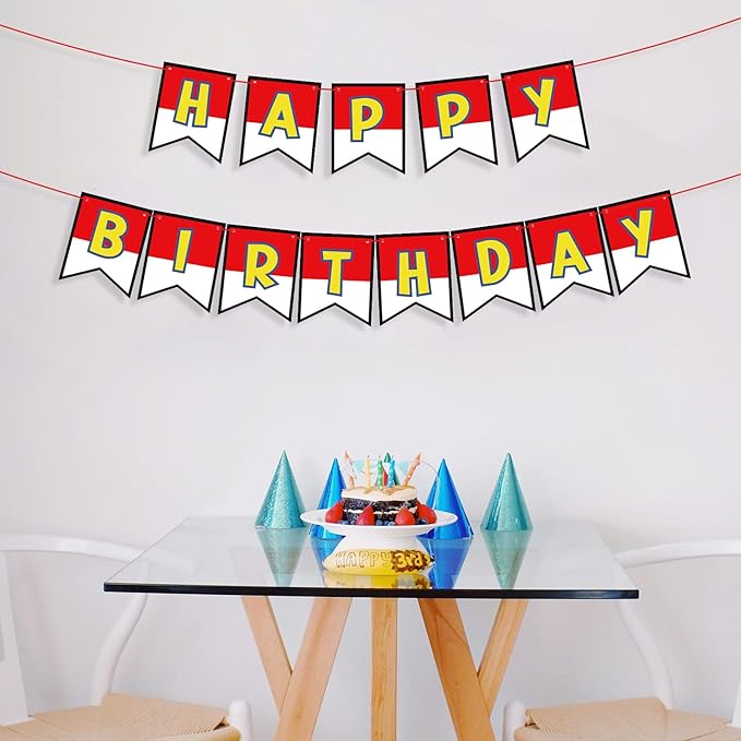 Cartoon Red White Yellow Happy Birthday Party Banner, Ultra-Thick Premium Paper Letter Birthday Garland, Adjustable Spacing Perfect Kid Birthday Hanging Sign Decoration Supplies(No DIY Required)