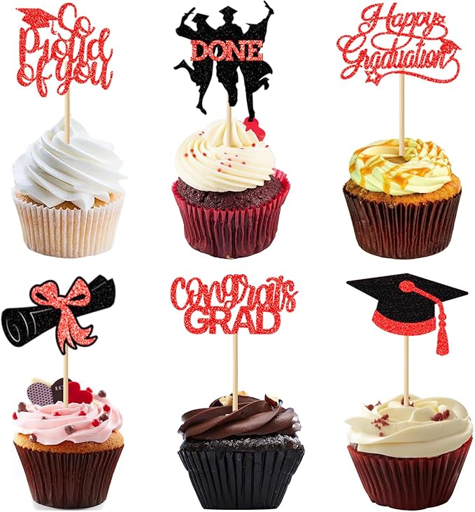24 Pack 2026 Congrats Grad Cupcake Toppers Set, Graduation Cupcake Decor, Class of 2026 Cupcake Picks for Senior High School College Grad Party Decorations Supplies(Black with Red) B