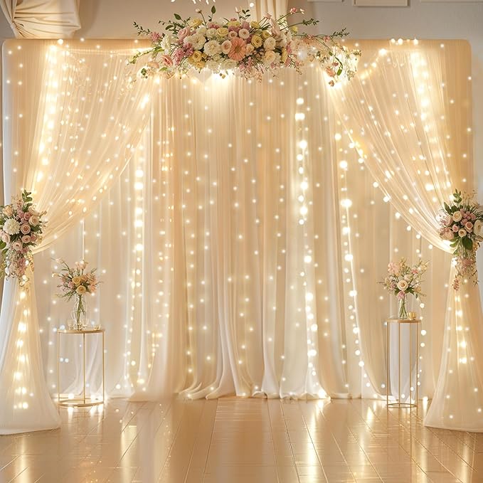 10ft x 10ft Champagne Chiffon Backdrop Curtain with Lights String for Parties,2 Panels Sheer Chiffon Curtain Wedding Backdrop with Lights for Baby Shower Birthday Ceremony Reception Home Decorations