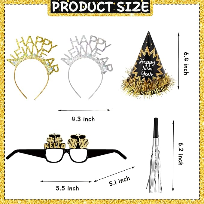 2026 New Year's Eve Party Supplies,36 Pcs Happy New Year Party Supplies Kit,Including 6 Hats, 6 Headband Tiara,12 Glasses,12 Noise Makers(Serve 12)