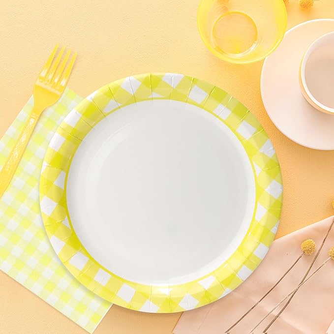 168PCS Party Plates, Scalloped Gingham Paper Plates and Cups and Napkins Sets Party Supplies for Birthday Wedding Bridal Shower Baby Shower Picnic, Serve for 24 Guests (Yellow Gingham)