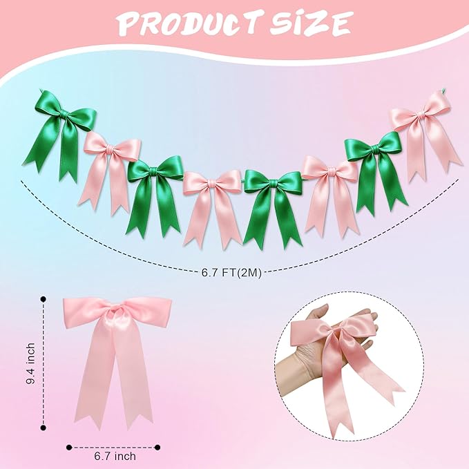 2 Strings of 16PCS Pink&Green Bow Garlands Banner Wicked Party Decoration,Pre-Strung Satin Ribbon Ornaments for Birthday,Bachelorette Party,Wedding,Engagement,Baby Shower,Graduation Decor,Anniversary