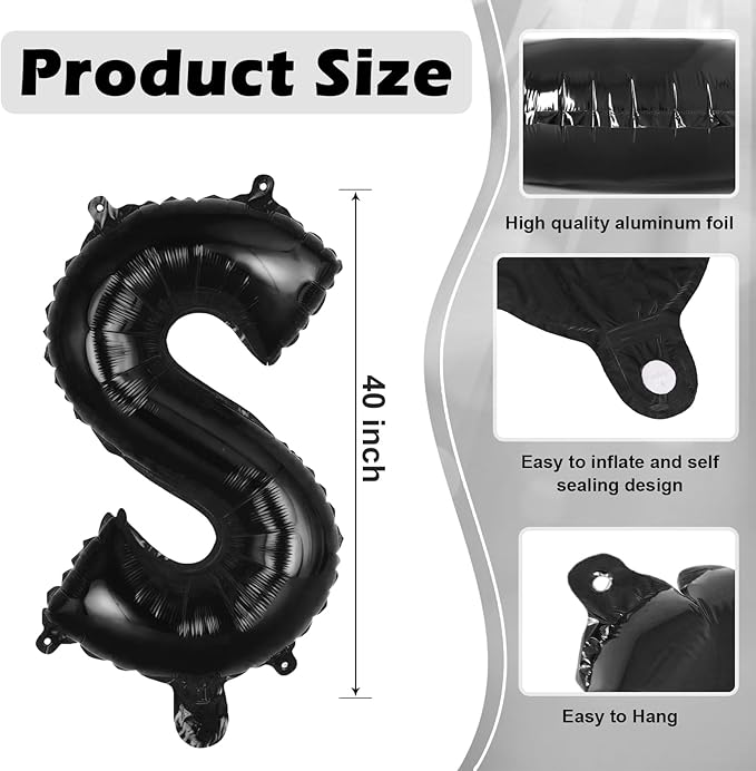 Black Letter S Balloons, 40 Inch Large Foil Letter Balloons, Custom Phrase Balloon for Birthday Party Wedding Anniversary Decoration (Black S)