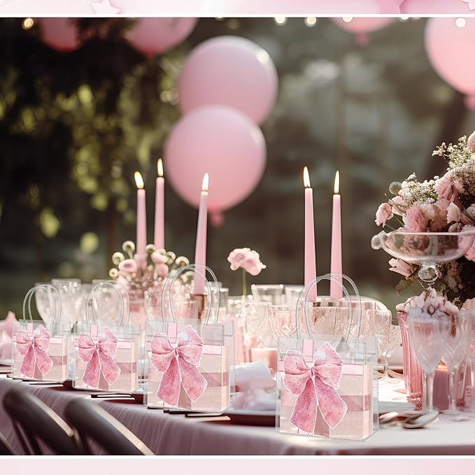 12 Pcs Pink Bow Clear PVC Gift Bag with Handle, 5. 91 x 6. 3 x 2. 76 Inches Pink Coquette Bowknot Tote Bag for Bachelorette Bridal Baby Shower Wedding Birthday Party Favor