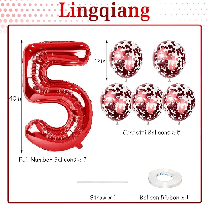 Large 50 Balloon Number Red, 40 Inch Helium Foil Number 5 & 0 Balloons Self Inflating with Red Confetti Balloons Set for Women Men 5th 50th Birthday Party Balloons Decorations/Anniversary Supplies