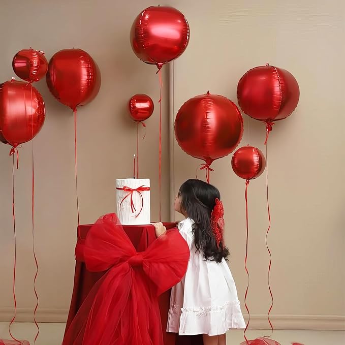 12PCS Red Round Foil Balloons, 22" 15" 10" Large 4D Ball Balloons Metallic Red Mirror Sphere Balloon for Graduation Christmas Valentines Day Wedding Birthday Party Ceiling Decorations