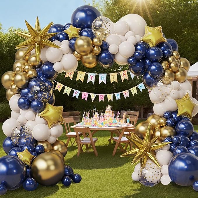 Navy Blue Gold Sand white Balloon Garland Arch Kit, Royal Blue White Metallic Gold Confetti Mixed Sizes Balloons for Anniversary Baby Shower Wedding Birthday Party Decorations