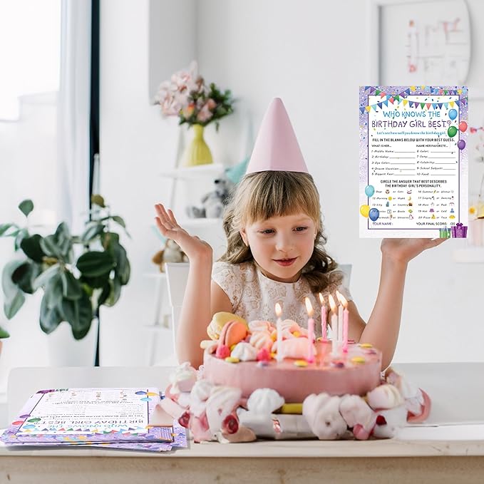 Skylety The Birthday Girl Best, 50 Pieces Birthday Party Activity Game Card Set Who Knows Her Best Girl Birthday Party Activity Themed Party Decorations(Purple)