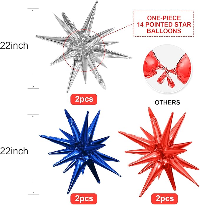6PCS Star Balloons, 22Inch Huge Red Blue White Star Balloons Spike Cone Balloon for 4th of July Independence Day USA Patriotic Party Decorations