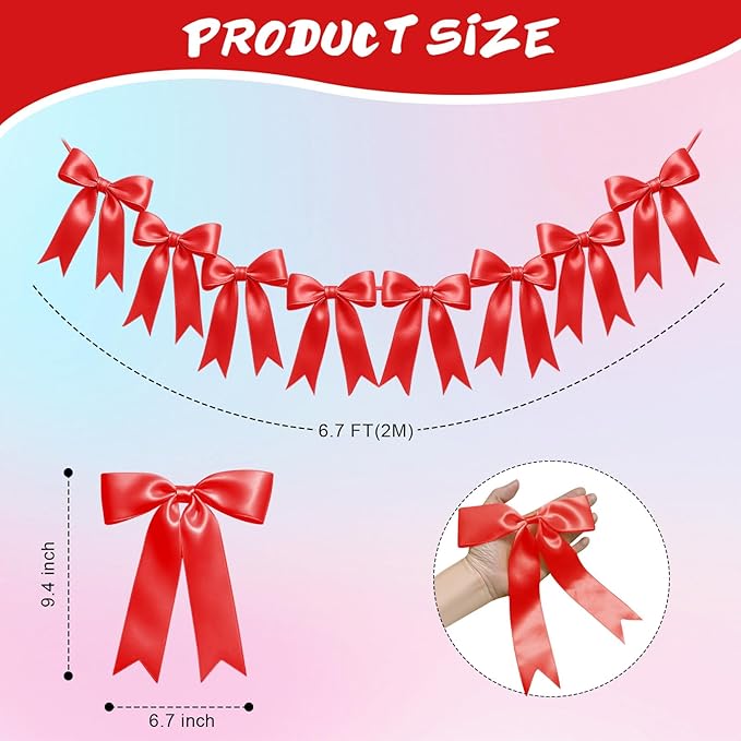 1 String of 8PCS Red Bow Garland Banner Decoration,Pre-Strung Satin Ribbon Ornaments for Birthday,Bachelorette Party, Bridal Shower,Wedding,Engagement, Baby Shower,Graduation Decor,Valentine's Day