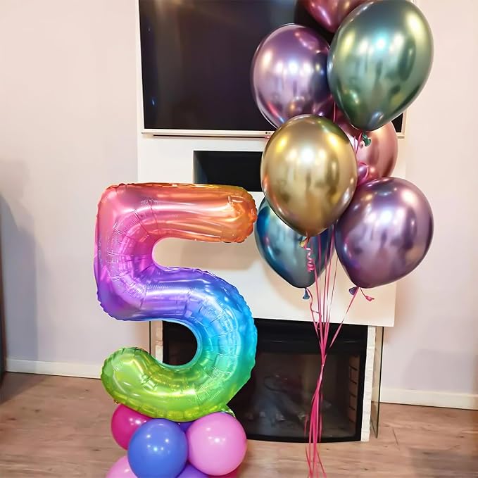 40 Inch Rainbow Number Balloon 5, Large Number Foil Balloons Mylar for Girl Boy Birthday Party Celebration Decorations Supplies, Digital Balloons for Wedding Anniversary Events Decorations