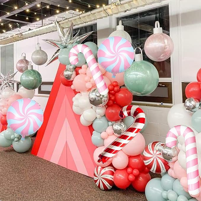 Pastel Pink Christmas Balloon Garland Arch Kit, Red Pink Green Snowflake Balloons Candy Cane Peppermint Foil Balloons for Christmas Birthday Baby Shower Decorations Xmas Candyland Nutcracker Party