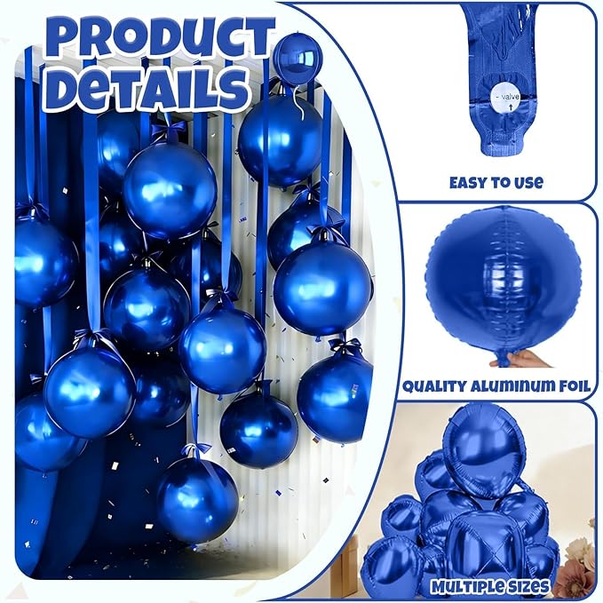 Biapian 12 Pcs Navy Blue Round Foil Balloons, 22" 18" 15" 10" 4D Round Ball Shape Balloon, Giant Dark Blue Metallic Balloons for Birthday Party Baby Shower Graduation Disco Prom Decorations Supplies