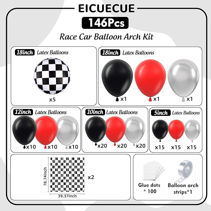 Race Car Balloon Arch Kit -Race Car Birthday Party Streamers Backdrops Decorations, Balloons and Black White Checkered Foil Fringe Curtains Backdrop for Racing Car Two Fast 2nd Theme Party Decorations