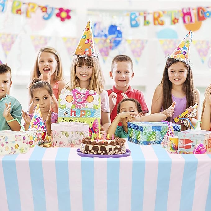 Kesfey 3 Packs Light Blue and White Striped Table Cloth 54 x 108 Inches Bluey Stripe Table Cover Disposable Plastic Beach Tablecloths Waterproof Rectangle Picnic Tablecover for Pool Birthday Party