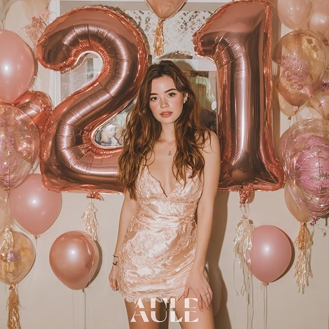 AULE 40 Inch Large 21 Number Balloons Rose Gold Big Foil Number Balloons Giant Helium Happy 21st Birthday Party Decorations for Women Huge Mylar 12 Anniversary Supplies