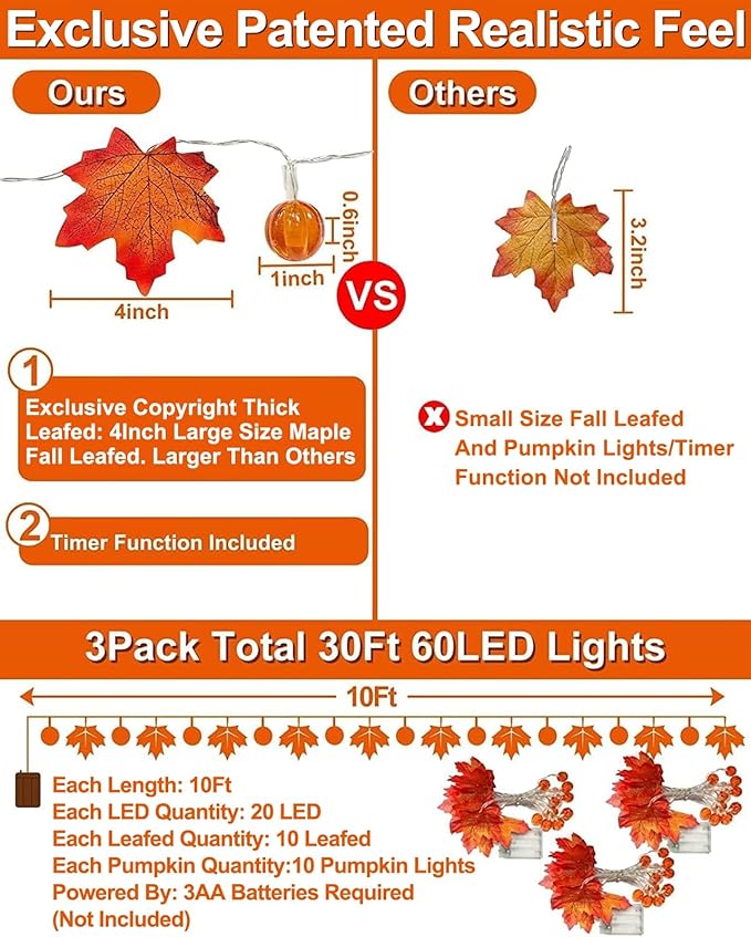 3 Pack&Timer - Fall Decor Fall Garland with Pumpkin Lights Thanksgiving Fall Decorations for Home, 30Ft 60LED 3D Pumpkin Fall Lights Patented Enlarged Maples Leaf Battery Operated Halloween Decor