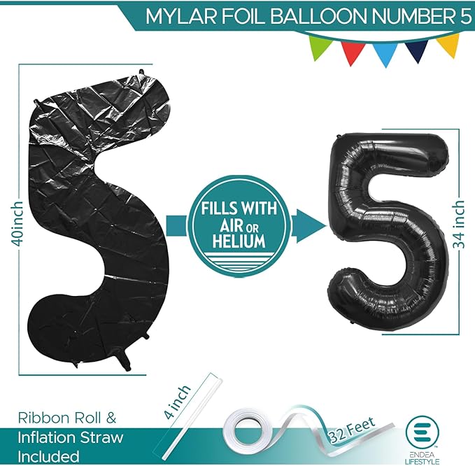 40 Inch Large Black Number Celebration and Decoration Balloon for Birthday Parties, Graduations, Anniversaries, Weddings, Photo Shoots, Special Events - Helium Foil Mylar (Black Number 5)