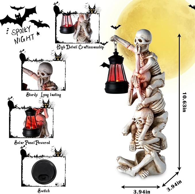 Halloween Skeleton Decor Triple Skeleton Halloween Decorations with Solar Red LED Lantern Outdoor Skeletons Figure for Yard Patio Lawn Garden