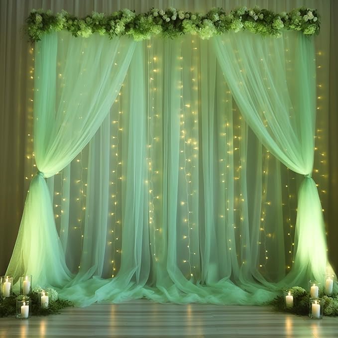 30x8ft Olive Green Tulle Backdrop Curtain with Lights String for Parites, Sheer Backdrop Curtains for Wedding Baby Shower Birthday Party Photo Shoot Decorations