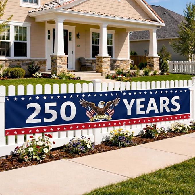 250 Year Anniversary USA Banner Flag 2x10 Ft, 4th of July Decorations 1776-2026 Freedom 250 Years Birthday Patriotic Party Supplies Decorations for Outdoor, Indoor,Garden, Porch (BLUE C)