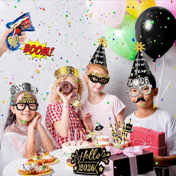 MOVINPE 2026 New Years Eve Party Supplies Set Serve 12, Happy New Year Party Cone Hats, Tiaras, Inflatable Fireworks Gun, Photo Booth Props, Squawkers, Blowouts, Eve Party Favors for Kids Adults